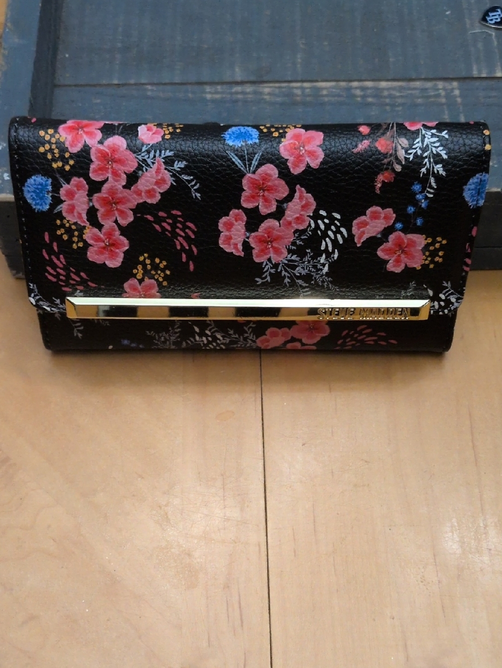 Steve Madden Black Floral Wallet with Pink and Blue Blooms and Gold Interior